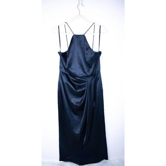 Nordstrom Womens Formal Midi Dress Size 12 Navy Blue Satin Wrap Halter Cocktail - Picture 2 of 12